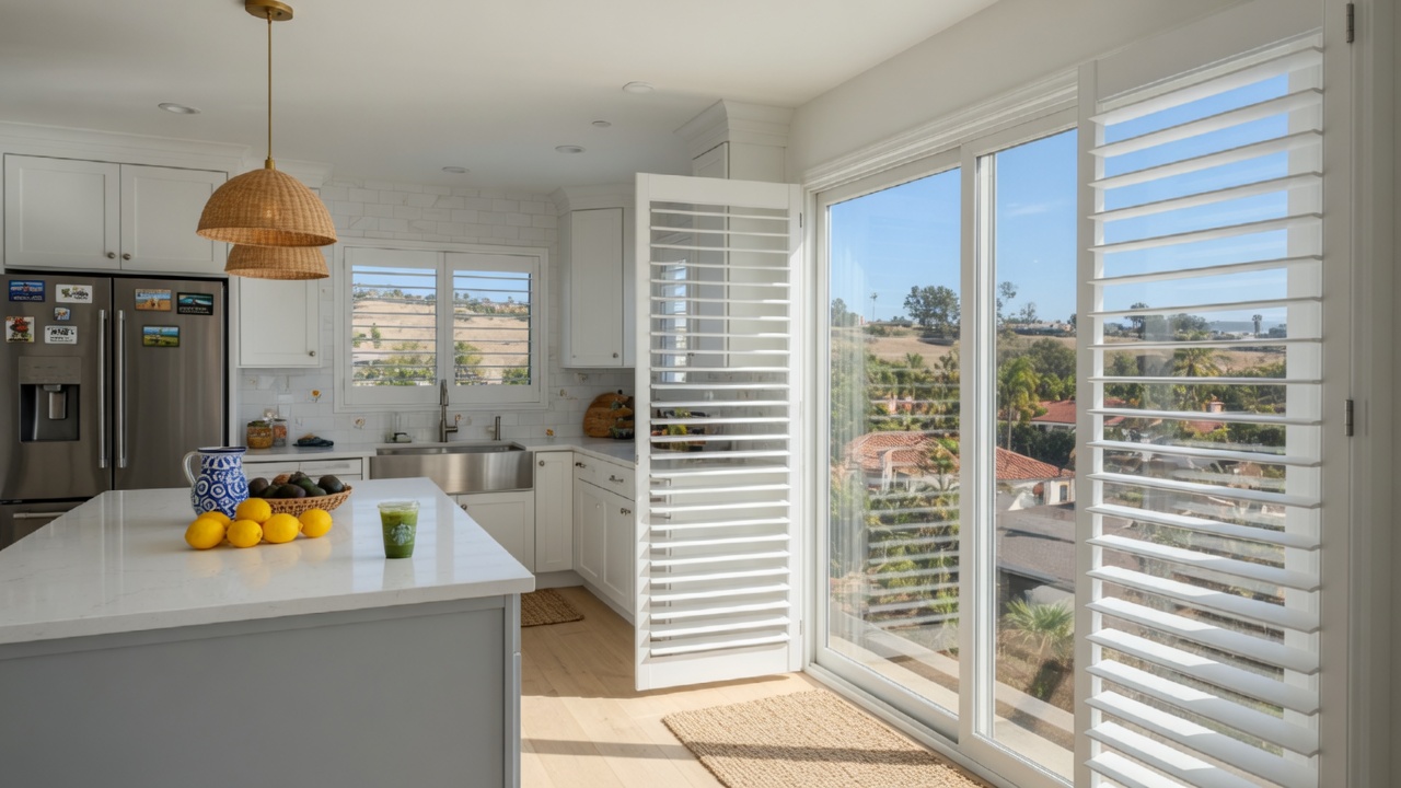 Elegant plantation shutters in a home office in Carlsbad California