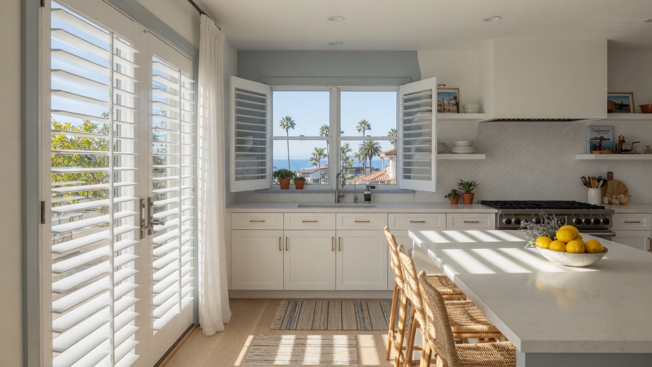 Modern plantation shutters in a bright kitchen in Carlsbad California home
