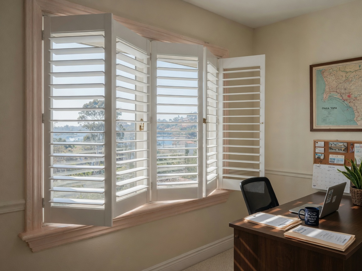 Elegant plantation shutters in a home office in Chula Vista California
