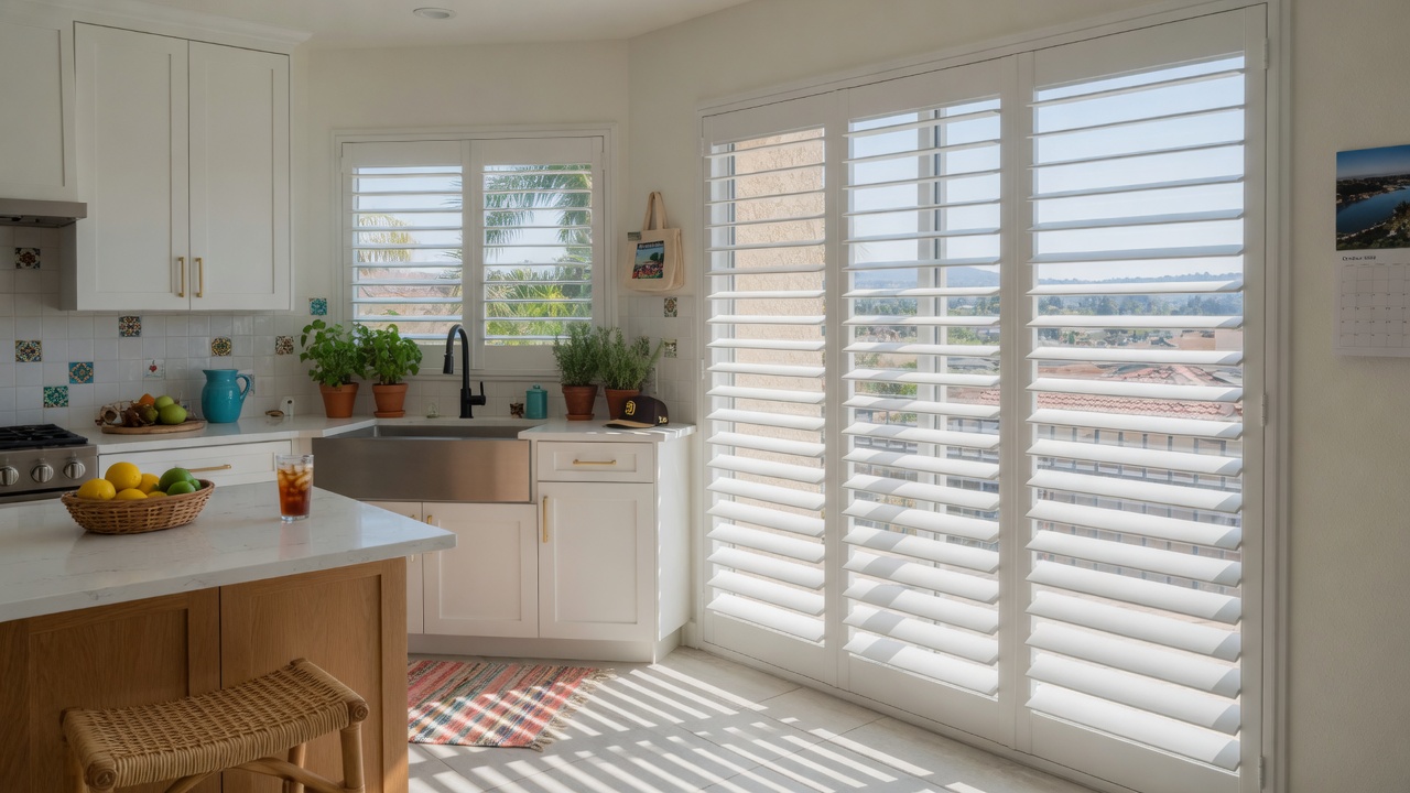 Modern plantation shutters in a bright kitchen in Chula Vista California home