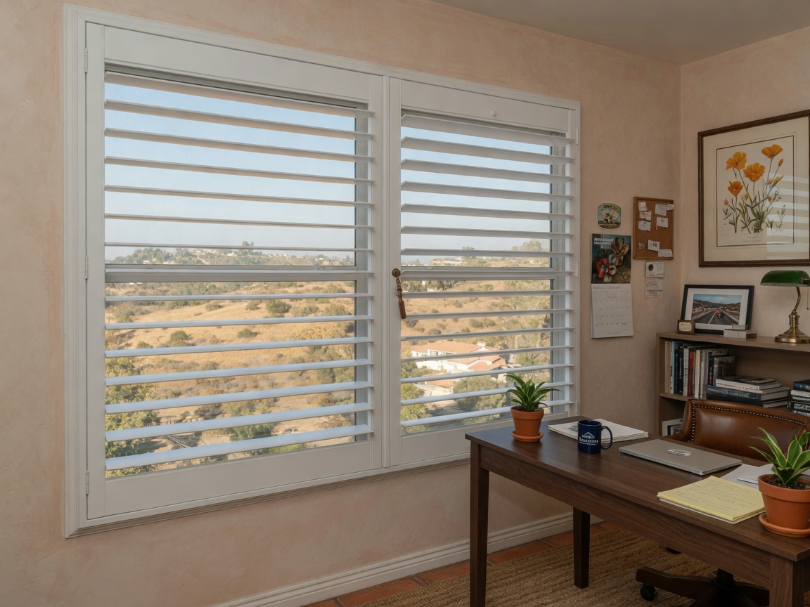 Elegant plantation shutters in a home office in Escondido California
