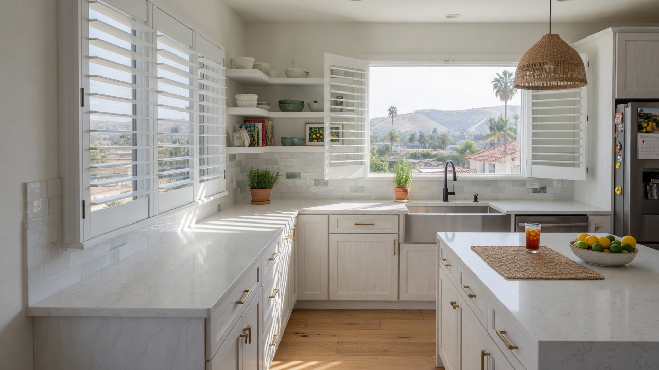 Modern plantation shutters in a bright kitchen in Escondido California home