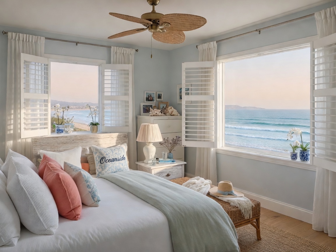 White plantation shutters on bedroom windows with soft natural light in an Oceanside coastal residence