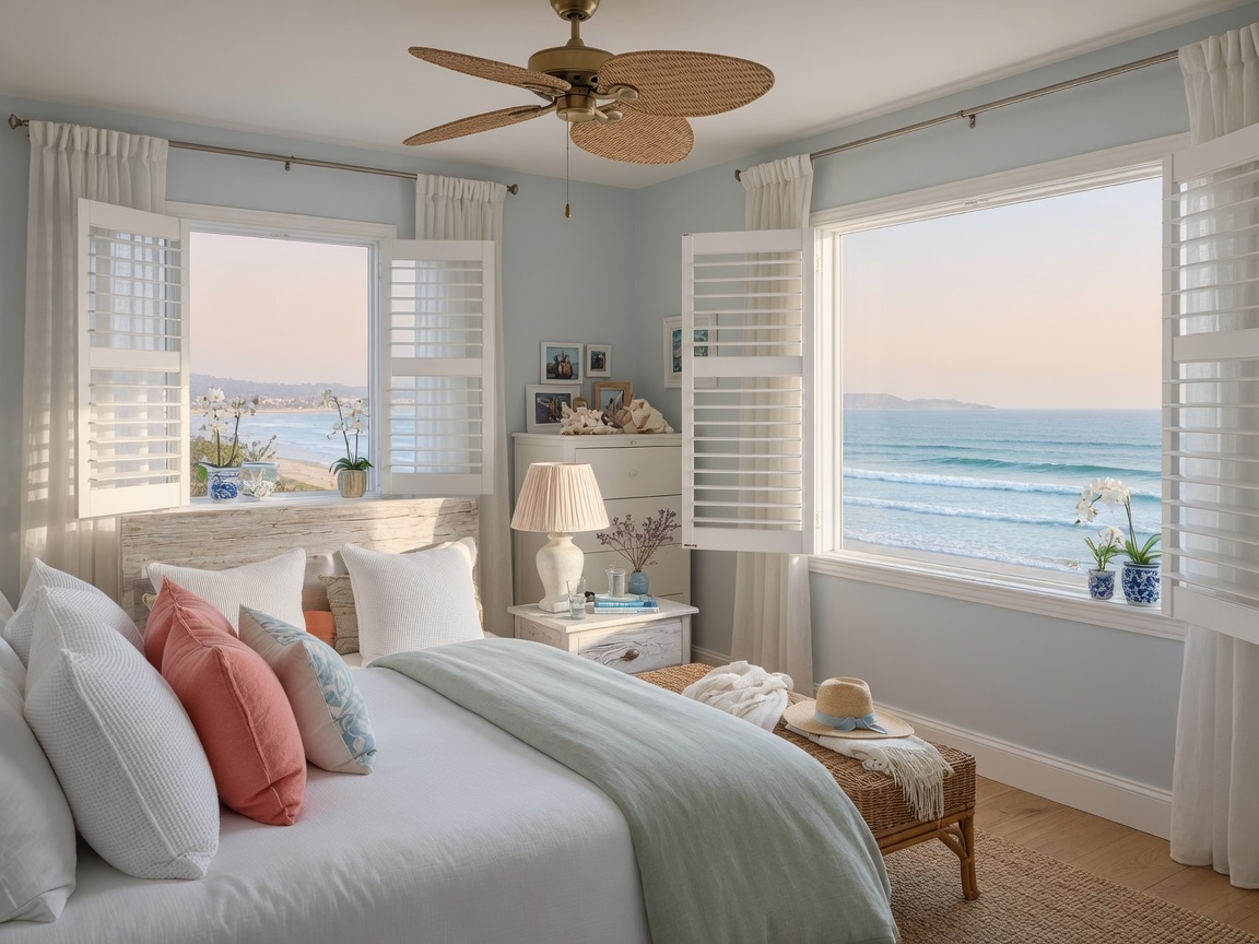 White plantation shutters on bedroom windows with soft natural light in an Chula Vista coastal residence