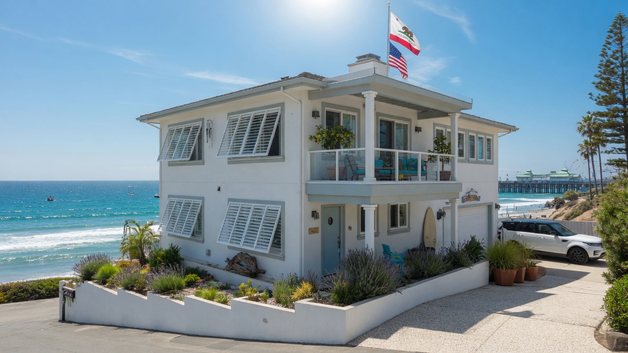 White plantation shutters on a coastal home in Chula Vista, California with ocean view