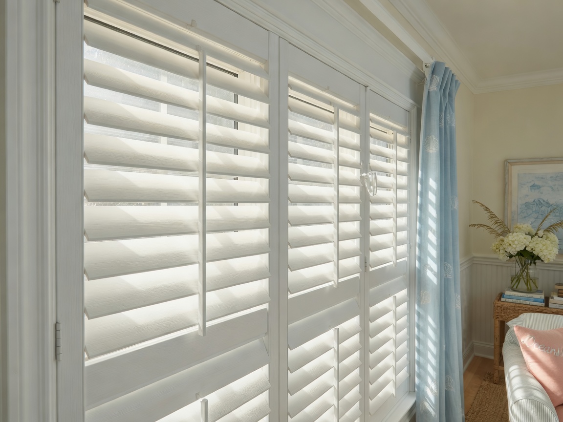 Modern composite plantation shutters installed in a cozy beach cottage home in Oceanside CA