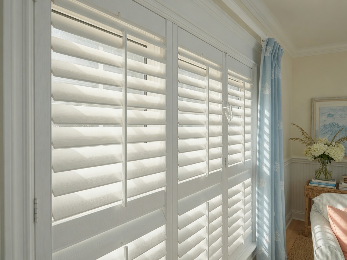 Modern composite plantation shutters installed in a cozy beach cottage home in Chula Vista CA