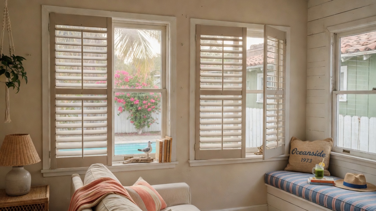 Elegant white plantation shutters with wide louvers in a bright living room of an Oceanside home