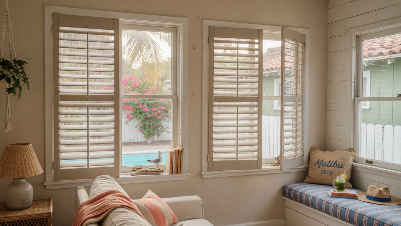 Elegant white plantation shutters with wide louvers in a bright living room of an Chula Vista home