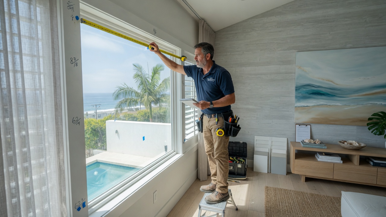 Professional installer measuring a window for custom plantation shutters inside a home in Chula Vista California