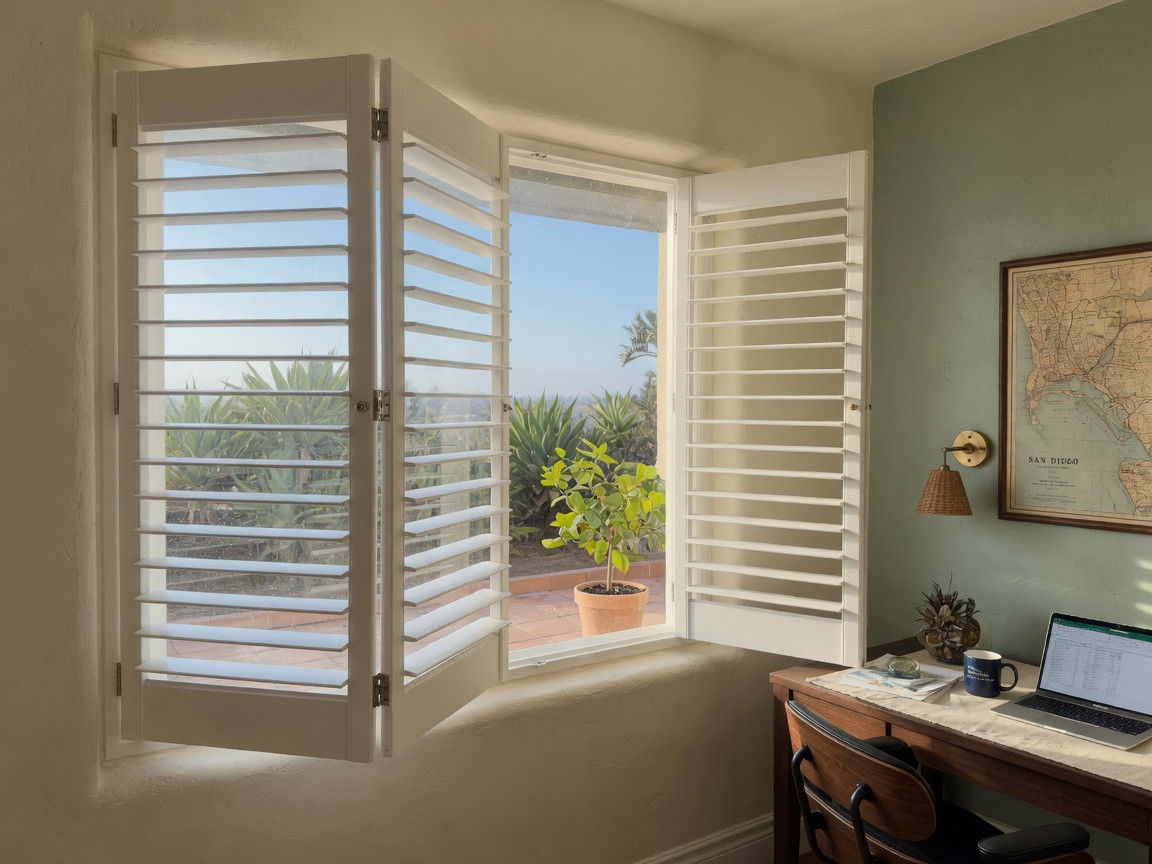Elegant plantation shutters in a home office in San Diego California