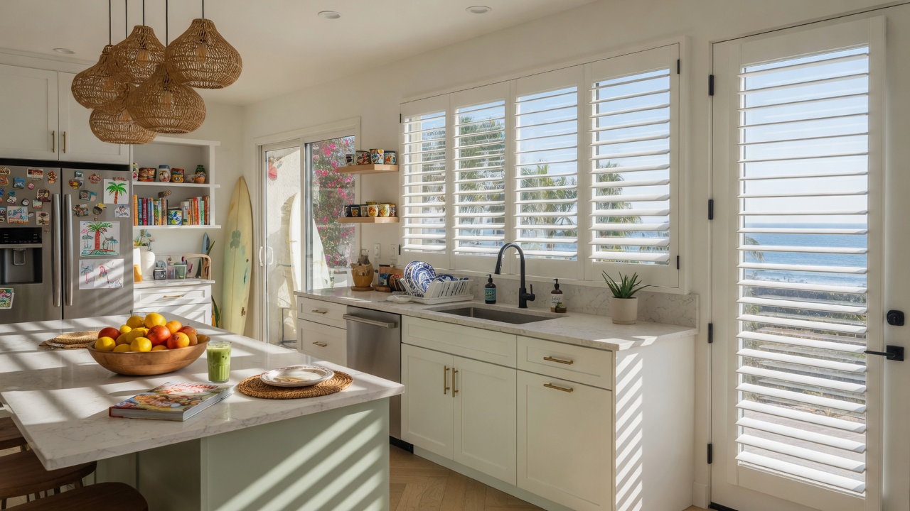 Modern plantation shutters in a bright kitchen in San Diego California home
